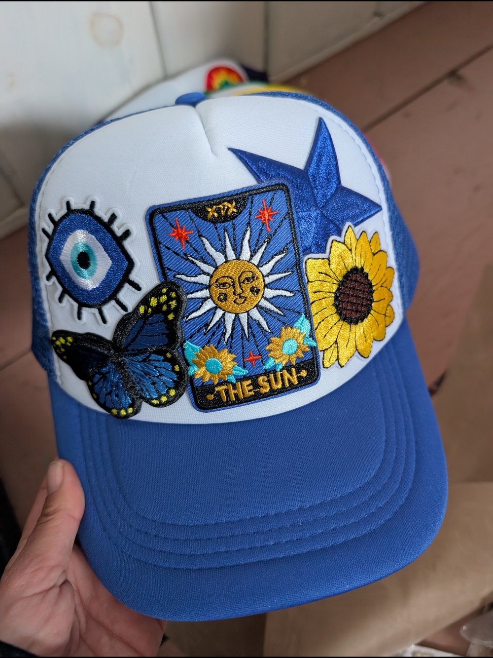 Blue & White Trucker Hat with Sun, Butterfly & Sunflower Patches